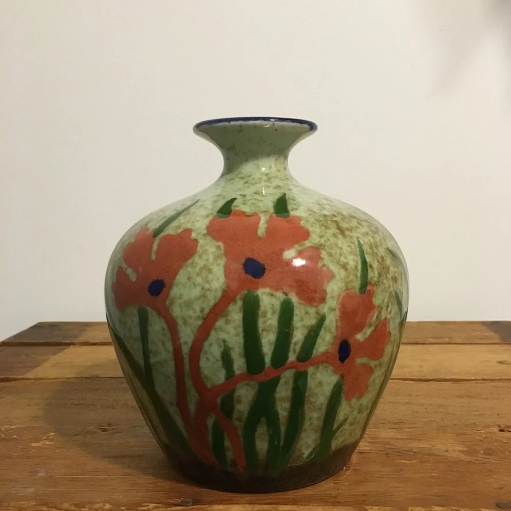 Vintage Pier 1 Imports Poppy Floral Vase Gourd Shaped Glazed Ceramic Speckled